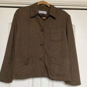 Valerie Stevens Button down Blazer Barn Jacket Size M Brown check patch pockets